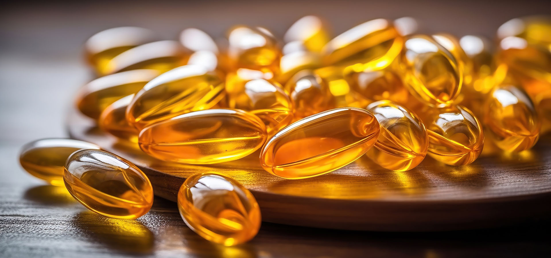 Close up vitamin D and Omega 3 fish oil capsules supplement on wooden plate