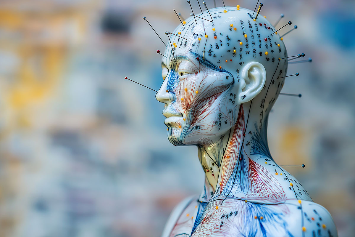 Acupuncture model showing meridians and acupoints for stimulating the flow of qi