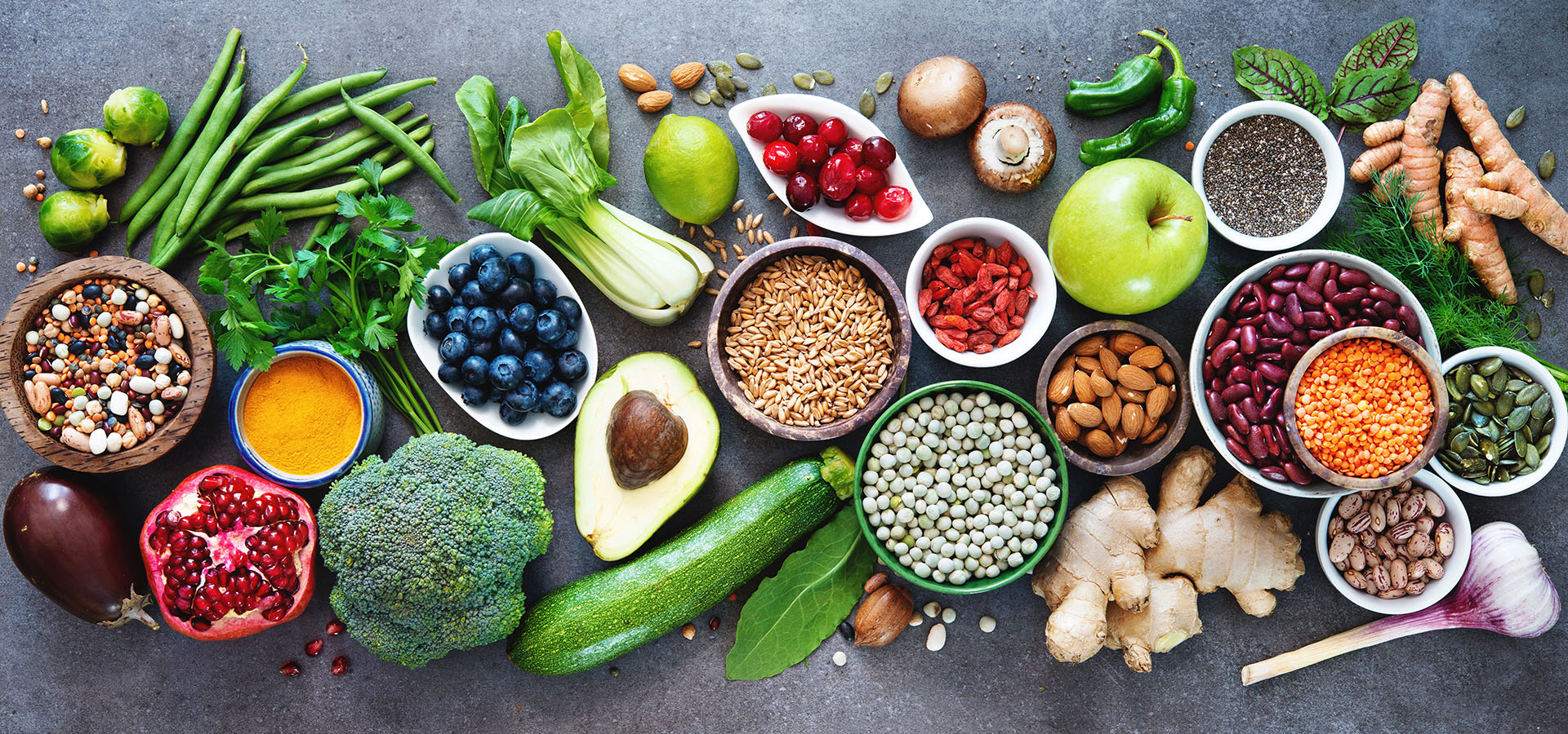 Healthy food selection with fruits, vegetables, seeds, superfood, cereals