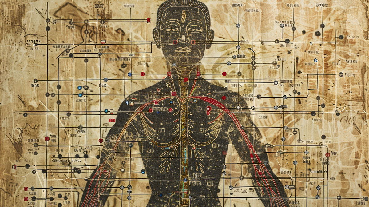 A detailed shot of a traditional acupuncture chart depicting the different meridians and pressure points of the body.