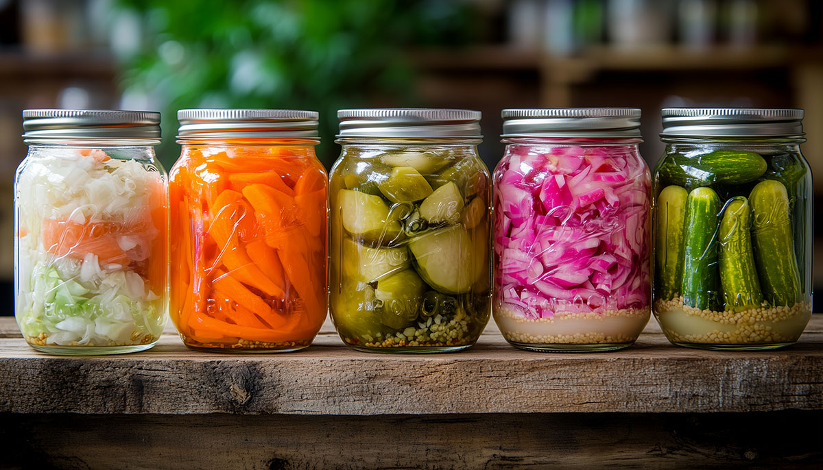 Assorted fermented foods in glass jars on wooden shelf. Pickled carrots, kimchi, sauerkraut, pickles, and other cultured vegetables for gut health and digestion