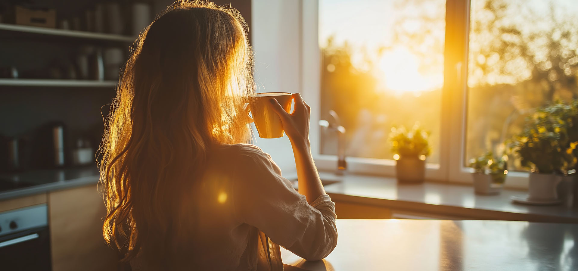 A woman is sitting at a table with a cup of coffee in front of her