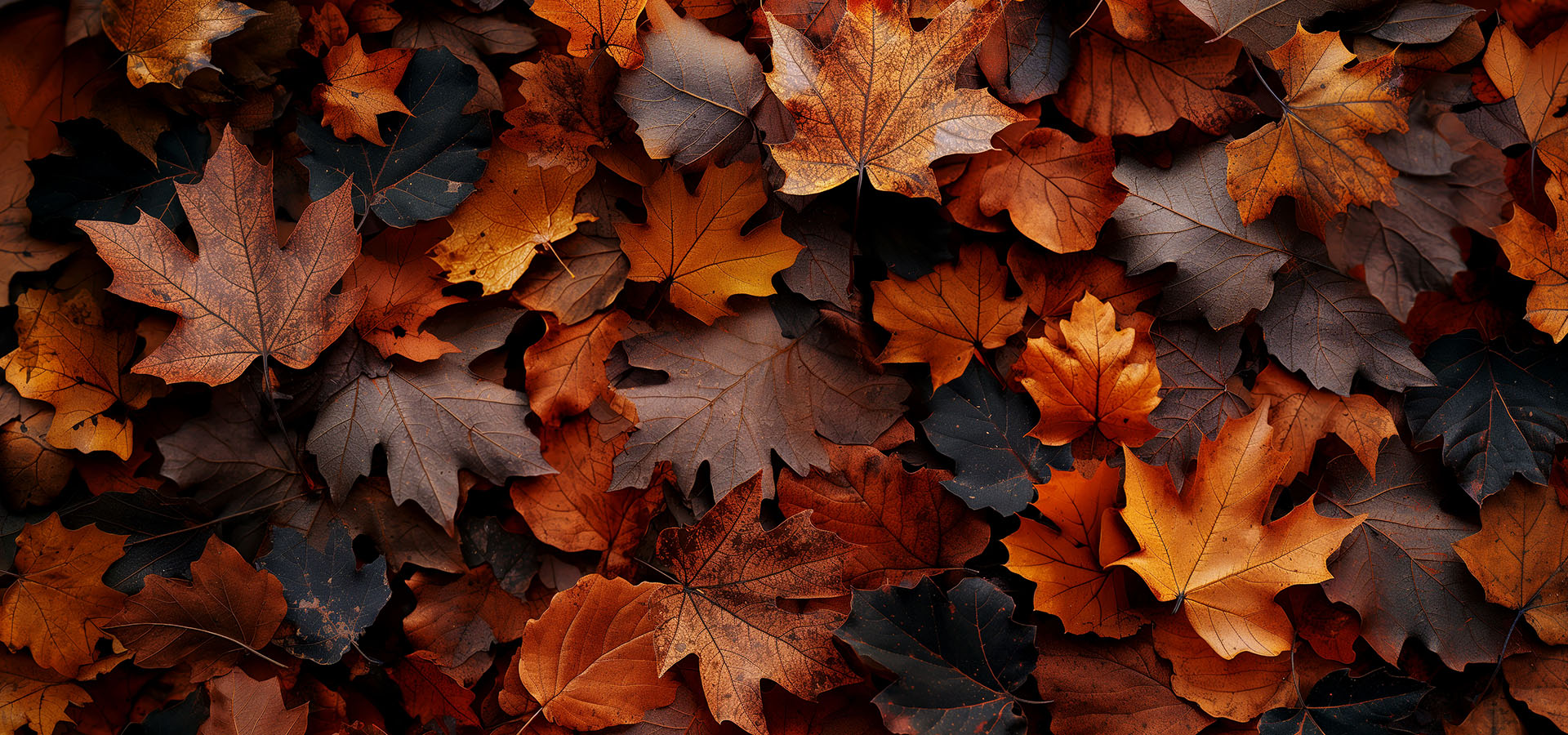 Brown and orange fallen autumn maple leaves lie on ground