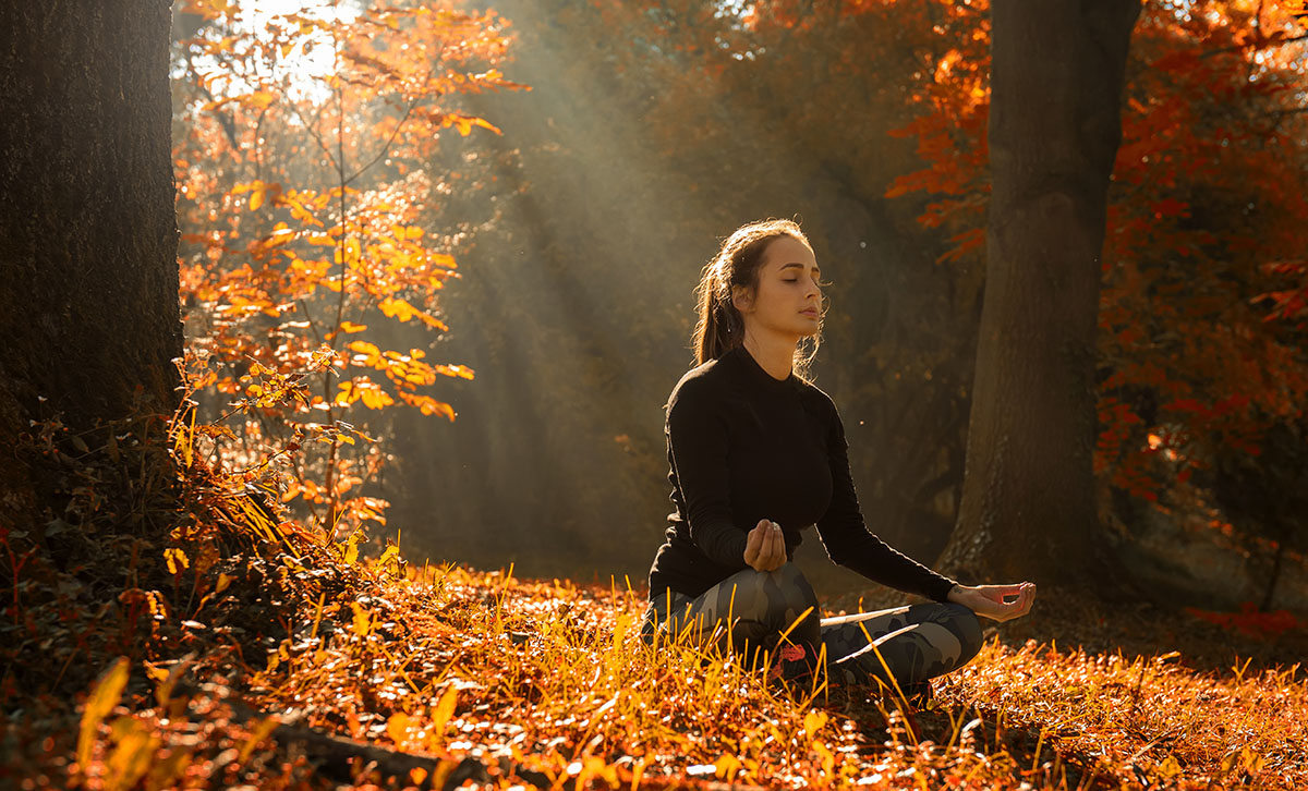 A young woman in a yoga position at sunrise in the autumn forest