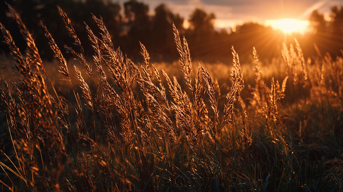 Golden hour light on a field of tall, dry grass. A beautiful, abstract landscape of a field of tall, dry grass, with the low, golden light of a late summer