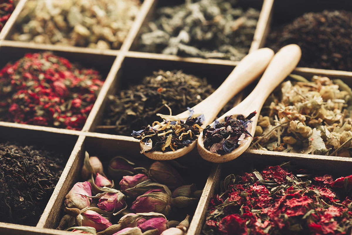 Different kinds of Dry tea  - green, black, mint, rose and chamomile