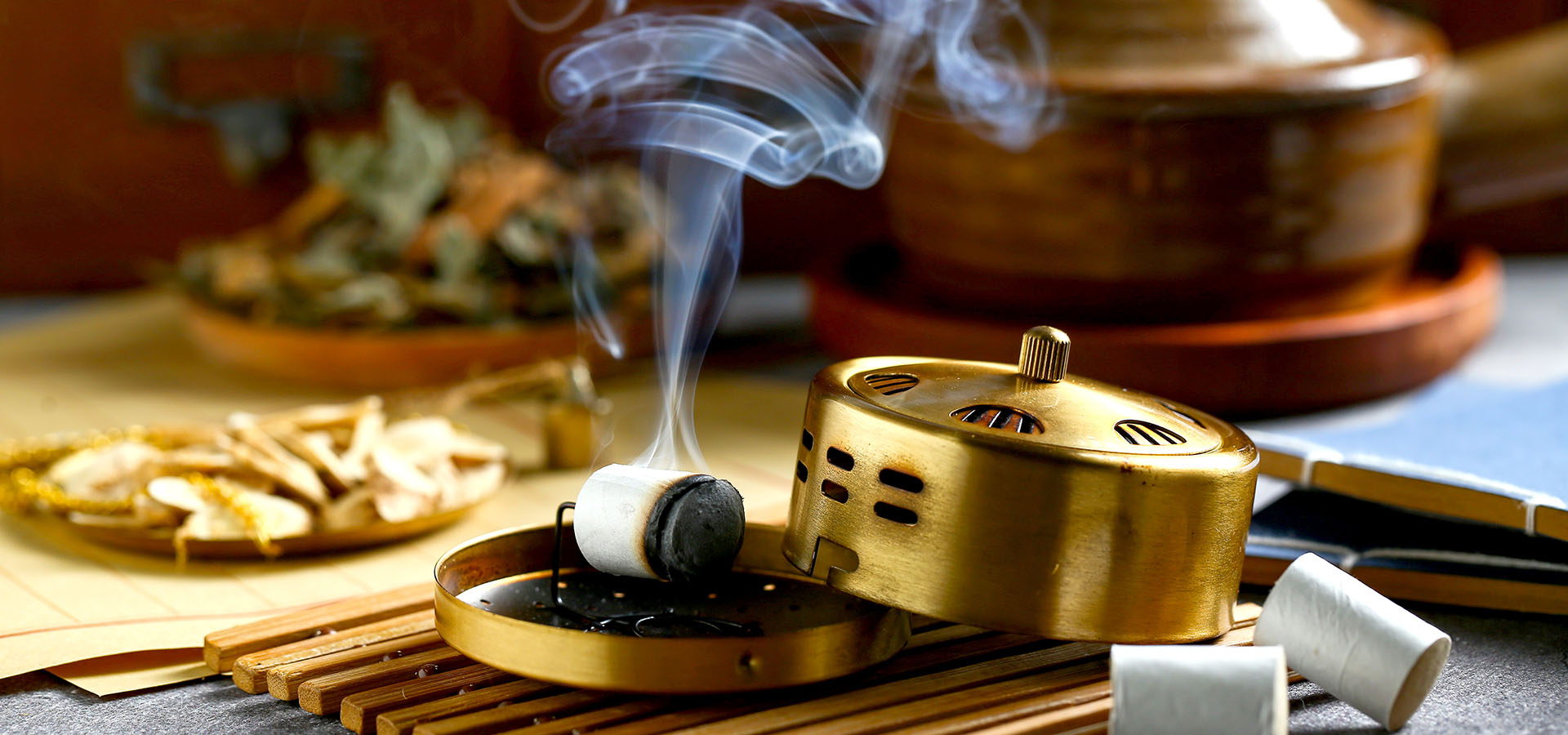Chinese copper moxibustion box with smoke on bamboo